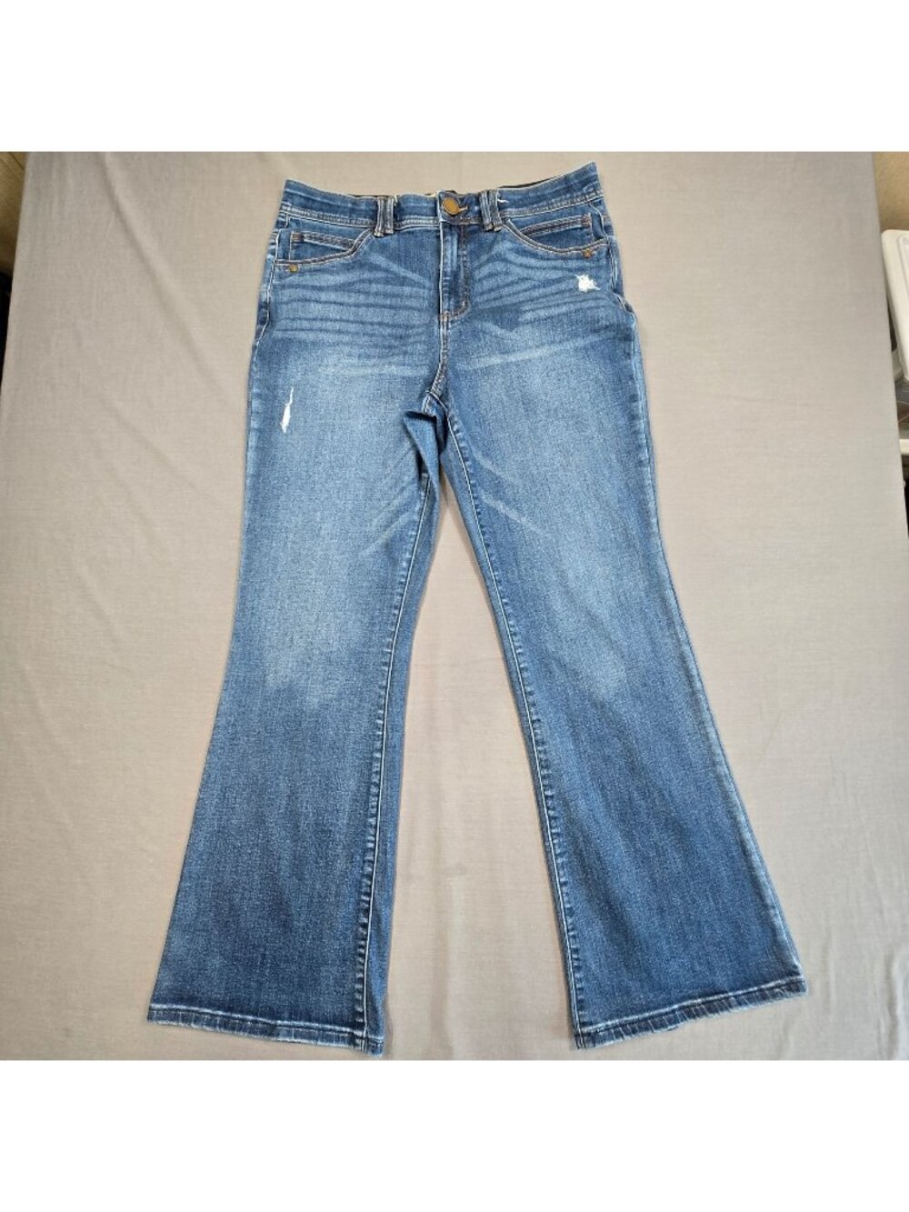 Democracy Ab Technology Size 12 Bootcut Jeans Blue Distressed Mid-Rise Stretch